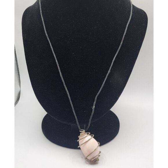 Bohemian Chunky Opaque Rose Quartz Wire Wrapped Necklace 20in cord, 1.5in - Picture 2 of 3